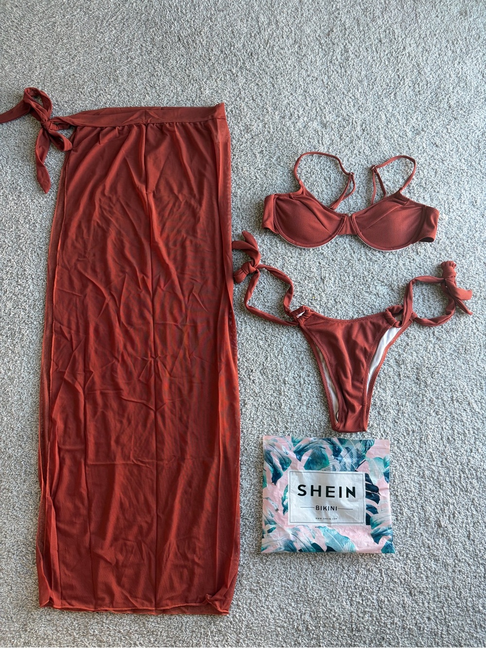 SHEIN Burnt Orange Tie-Side Bikini Set with Sarong - NEVER WORN